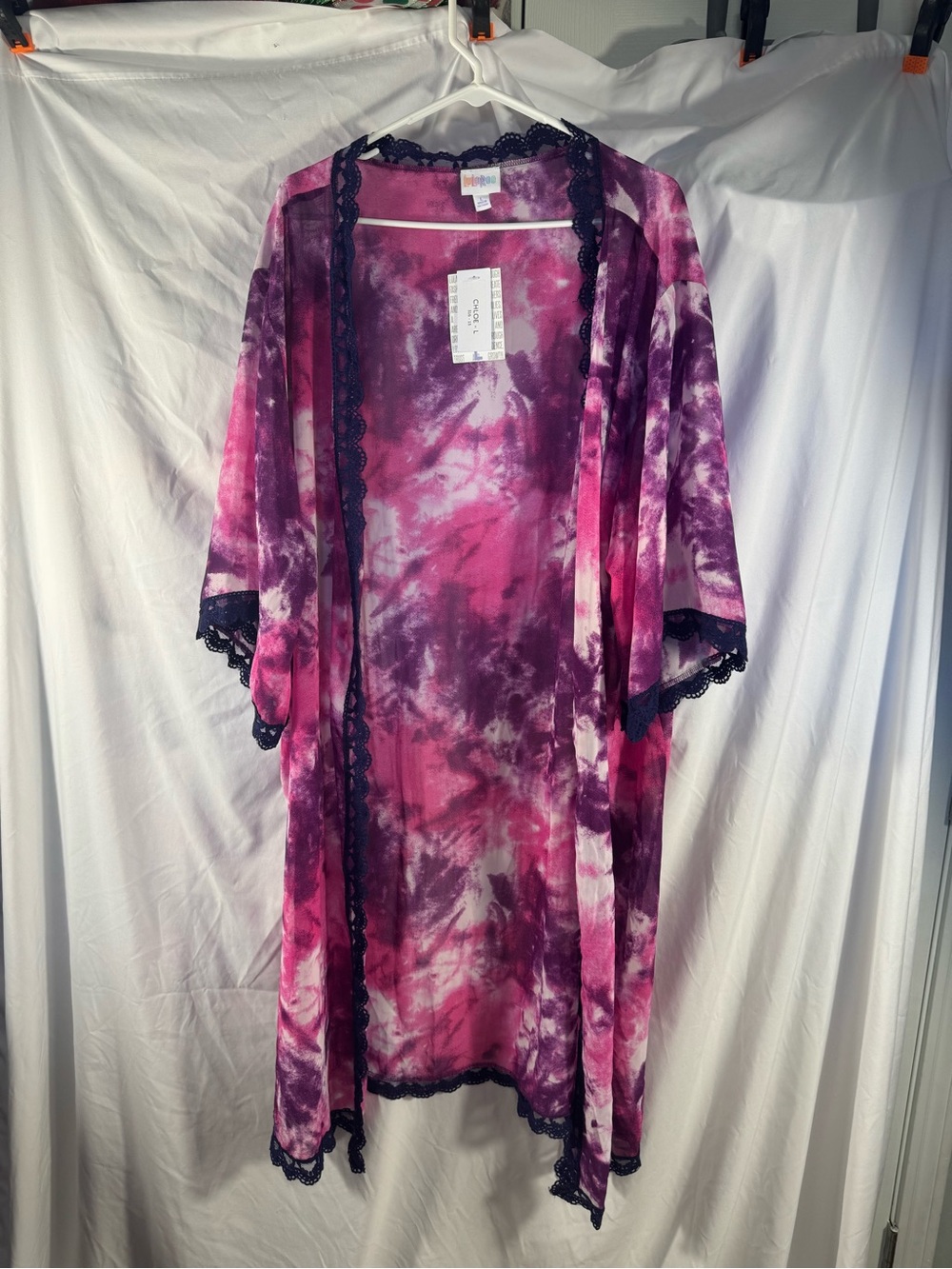 NWT LuLaRoe Chloe Kimono Duster L Pink Purple Tie Dye Lace Trim Large Boho